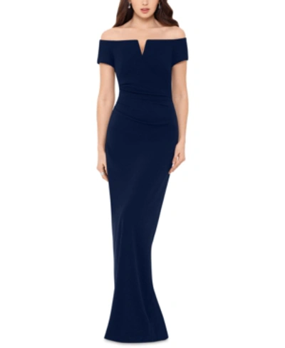 Shop Xscape Off-the-shoulder Gown In Navy