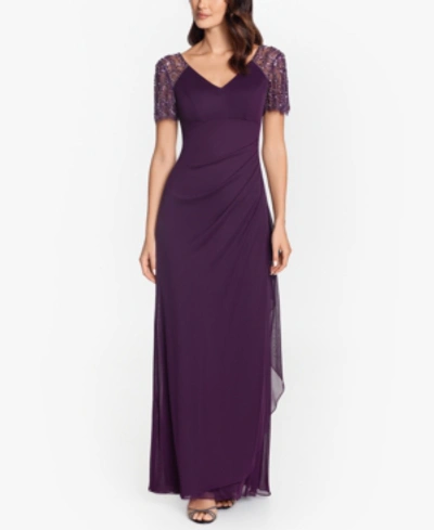 Xscape Beaded Sleeve Ruched Column Gown In Purple