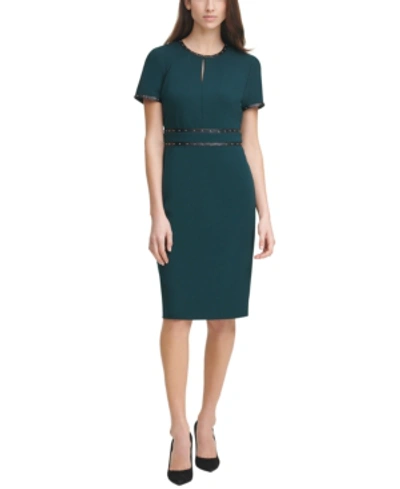 Shop Karl Lagerfeld Scuba Crepe Studded Leather-trim Sheath Dress In Forest