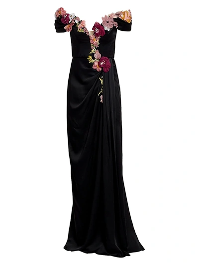 Shop Marchesa Women's Off-the-shoulder Floral Appliqué Duchess Satin Gown In Black