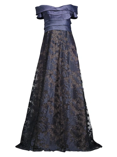 Shop Rene Ruiz Collection Off-the-shoulder Embroidered Metallic Ball Gown In Navy