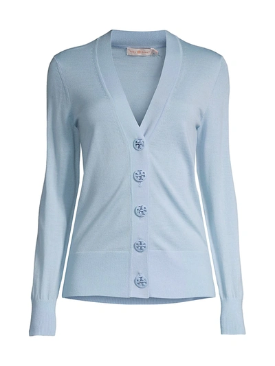 Shop Tory Burch Merino Wool Button-up Cardigan In Summer Blue