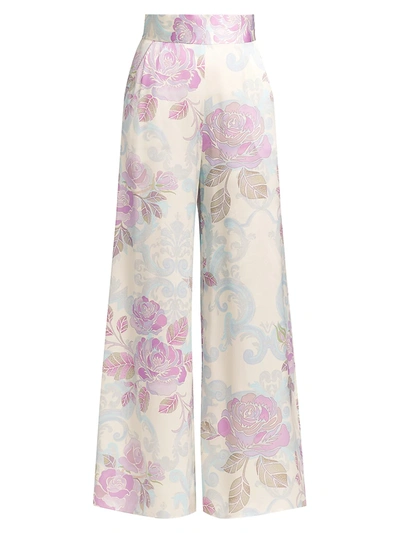 Shop Adriana Iglesias Ana Floral Silk Satin Pants In Cool Bloom