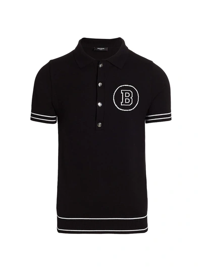 Shop Balmain Men's Logo Intarsia Polo Shirt In Black White