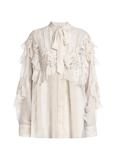 Shop Valentino Ruffled Lace Chiffon Silk Shirt In Vanilla