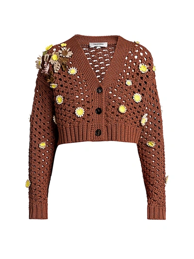 Shop Valentino Macrame Flowers Embroidered Cardigan In Caramel