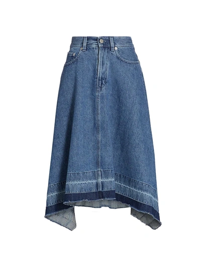 Shop Jw Anderson Asymmetric Raw Hem Jean Skirt In Mid Blue Denim