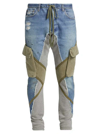 Shop Greg Lauren Men's Denim & Fleece Utility Pants In Blue Grey