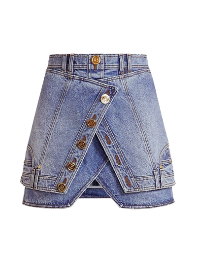 Shop Balmain Button-trimmed Layered Denim Wrap Skirt In Bleu Jean