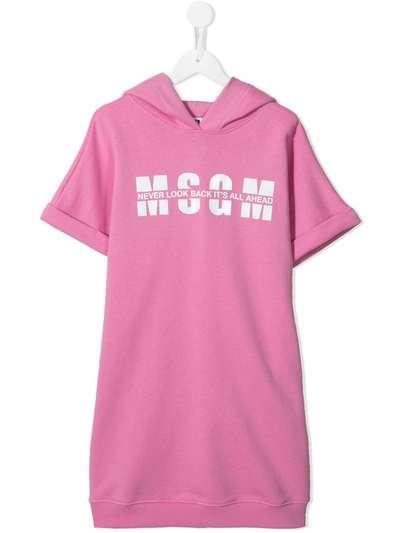 Shop Msgm Teen Logo Print Hooded Dress In Pink