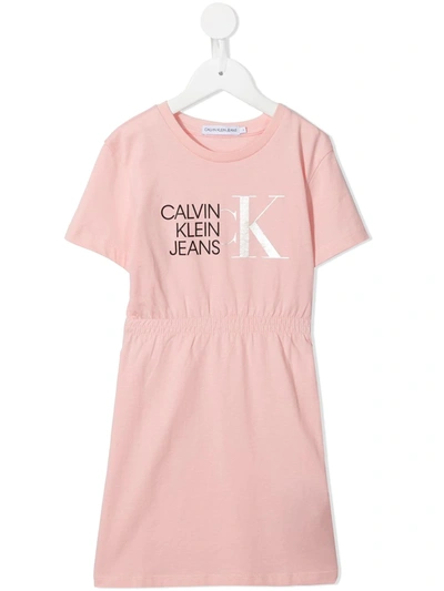 Shop Calvin Klein Logo-print Elasticated Waist Dress In Pink