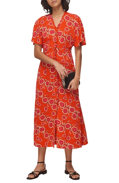 Shop Whistles Ella Floral Button Front Midi Dress In Red/multi