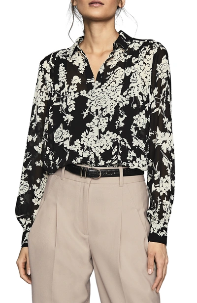 Shop Reiss Jean Pleated Floral Long Sleeve Blouse In Black
