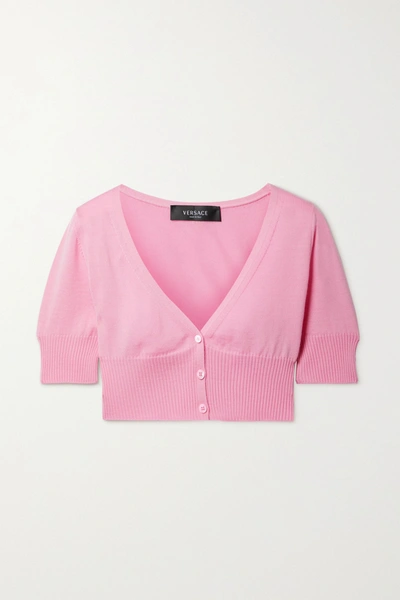 Shop Versace Cropped Wool Cardigan In Pink
