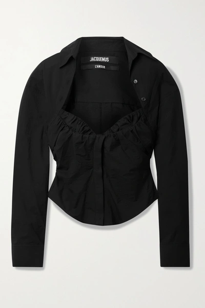 Shop Jacquemus Ruched Cotton-blend Poplin Shirt In Black
