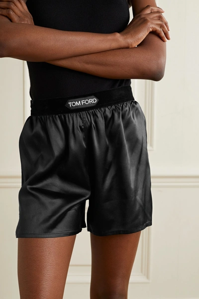 Shop Tom Ford Velvet-trimmed Silk-blend Satin Shorts In Black