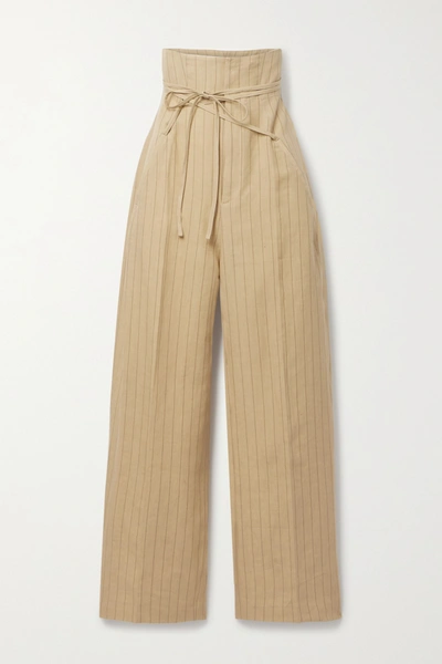 Shop Jacquemus Novio Belted Pinstriped Linen Wide-leg Pants In Yellow