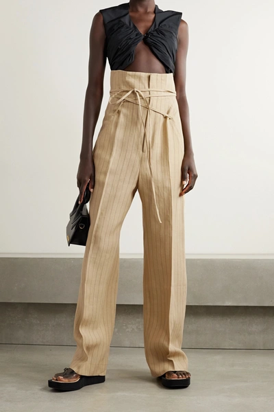 Shop Jacquemus Novio Belted Pinstriped Linen Wide-leg Pants In Yellow
