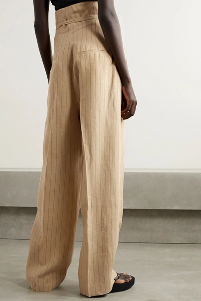 Shop Jacquemus Novio Belted Pinstriped Linen Wide-leg Pants In Yellow