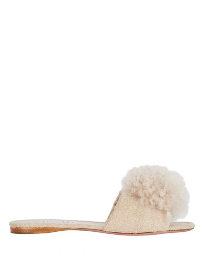 Shop Aquazzura Foxy Faux Shearling Pom-pom Flat Sandals In Ivory