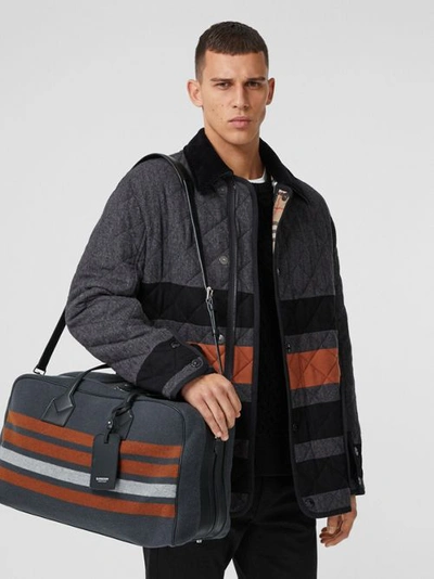 Shop Burberry Striped Wool And Leather Cube Holdall In Mid Grey