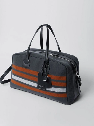 Shop Burberry Striped Wool And Leather Cube Holdall In Mid Grey