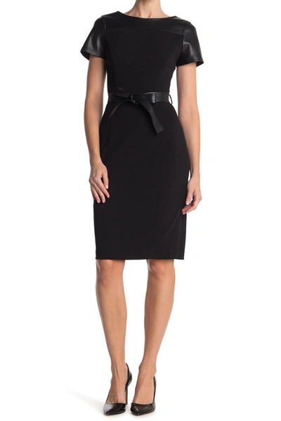 Shop Calvin Klein Belted Faux Leather Accent Sheath Dress In Black