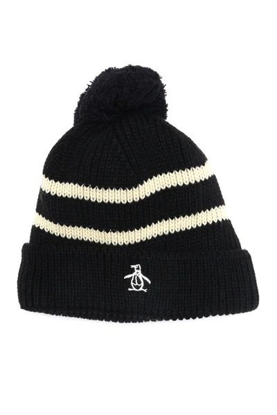 Shop Original Penguin Ribbed Knit Cuff Pompom Beanie In True Black