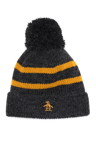 Shop Original Penguin Ribbed Knit Cuff Pompom Beanie In Charcoal Heather