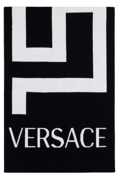 Shop Versace Jacquard Wool Scarf In Black