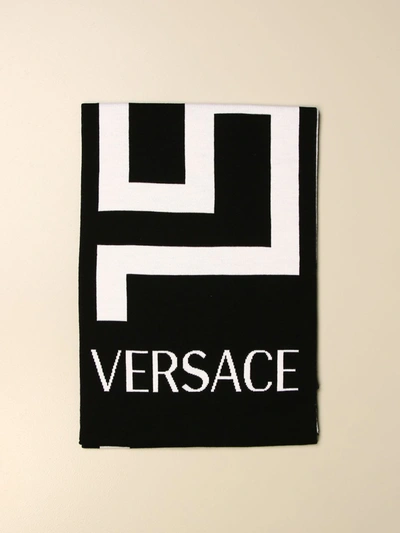 Shop Versace Wool Scarf With Greek And Logo In Black