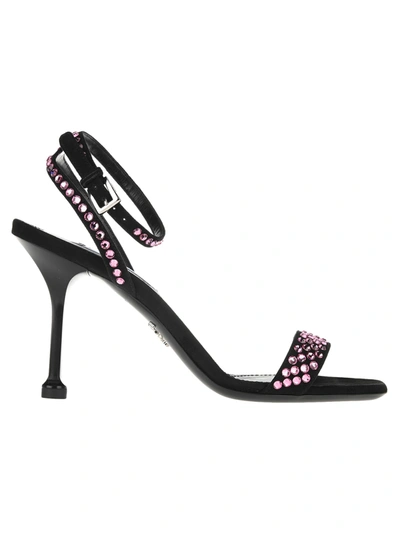 Shop Prada Crystals Embellished Sandals In Black + Pink