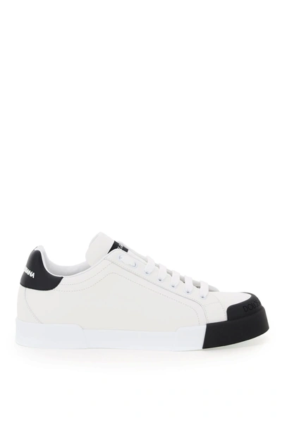 Shop Dolce & Gabbana Low Leather Sneakers In Bianco/nero