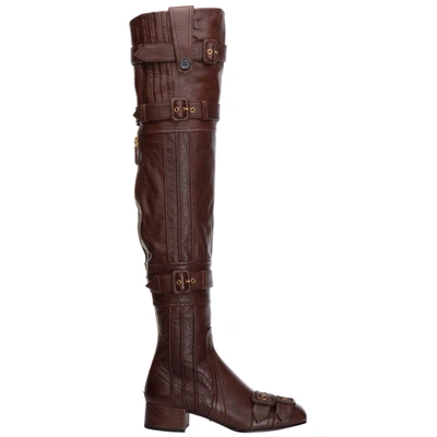 Shop Prada Opanca Over The Knee Boots In Cacao