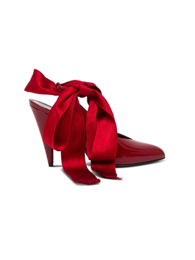 Shop Saint Laurent Venus Pumps In Patent Leather With Satin Bow In Rosso