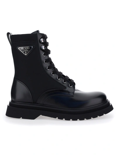 Prada Logo-plaque Panelled Ankle Boots In Black