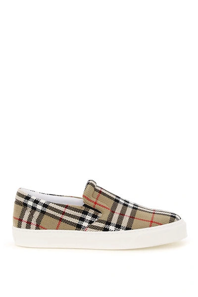 Shop Burberry Thompson Check Slip On Sneakers In Archive Beige (beige)