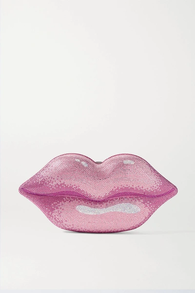 Shop Judith Leiber Hot Lips Crystal-embellished Silver-tone Clutch In Pink
