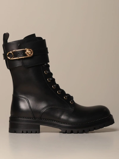 Shop Versace Amphibian In Leather With Safety Pin In Black
