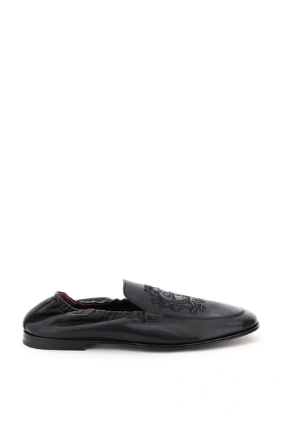 Shop Dolce & Gabbana Ariosto Loafers With Coat Of Arms Embroidery In Nero/nero