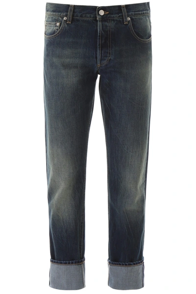 Shop Alexander Mcqueen Jeans With Contrast Seams In Blue Washed