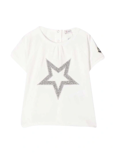Shop Moncler White T-shirt With Frontal Star Embroidery In Panna