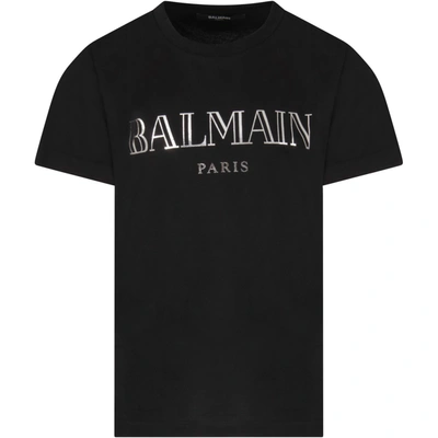 Shop Balmain Black -shirt With Logo For Girl In Nero/argento