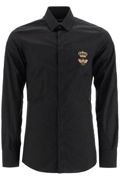 Shop Dolce & Gabbana Shirt With Crown And Bee Embroidery In Nero