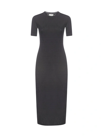 Shop Fendi Ff-motif Cotton And Viscose Midi Dress In Black