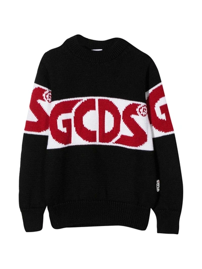 Gcds Mini Black Sweater For Kids With Red Logo In Nero