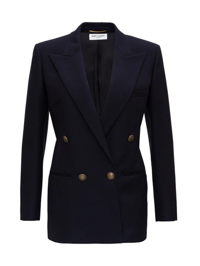 Shop Saint Laurent Double-breasted Blazer In Blu