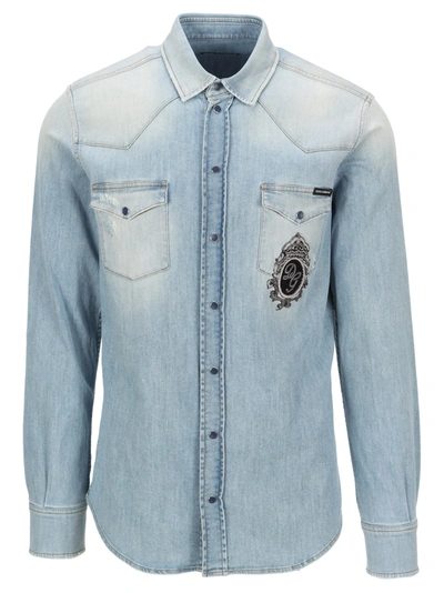 Shop Dolce & Gabbana Embroidered Logo Denim Shirt In Blu
