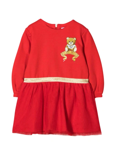 Shop Moschino Red Dress With Logo And Toy Embroidery In Rosso