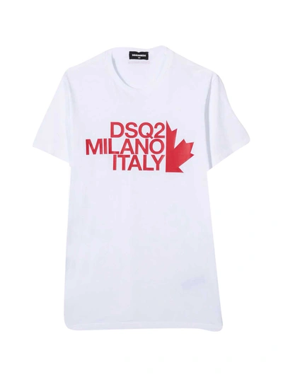 Shop Dsquared2 White Teen T-shirt With Frontal Red Logo In Bianca